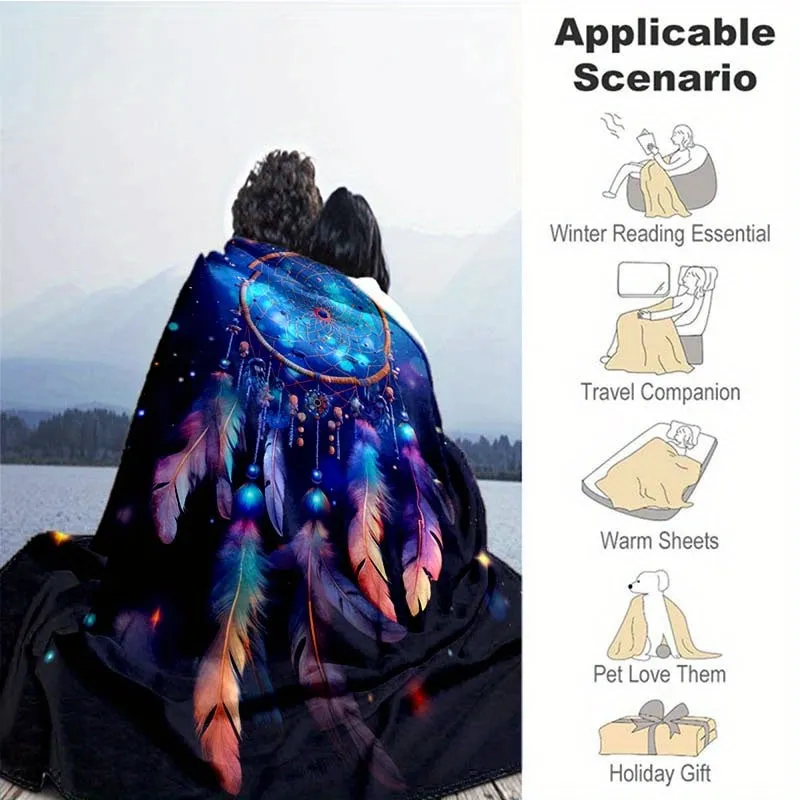 1pc Blue Dream Catcher Blanket For Home - Lightweight Flannel Throw For Sofa, Bed, Travel, Camping, Living Room, Office, Couch, 