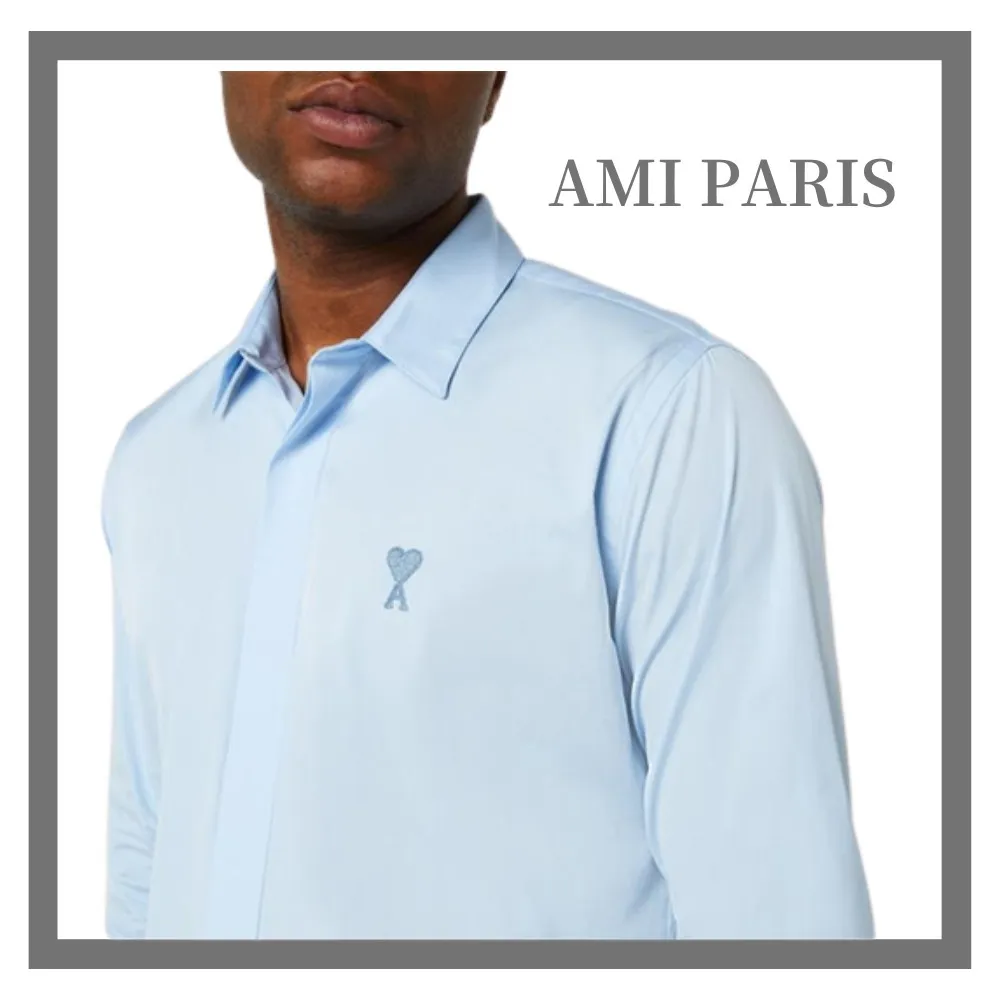 AMI PARIS  |Heart Long Sleeves Cotton Logo Front Button Designers Shirts