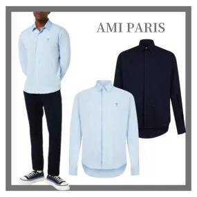 AMI PARIS  |Heart Long Sleeves Cotton Logo Front Button Designers Shirts