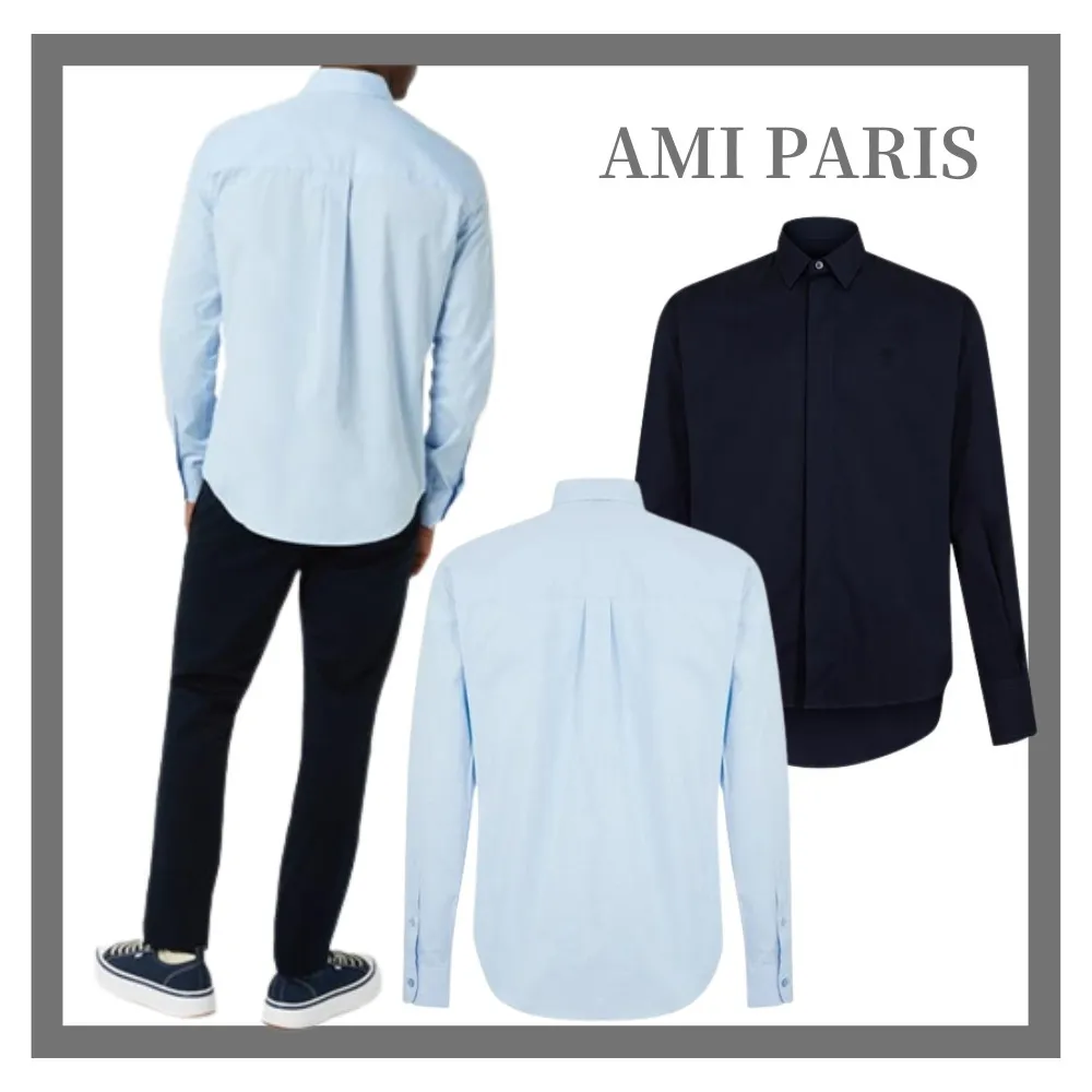 AMI PARIS  |Heart Long Sleeves Cotton Logo Front Button Designers Shirts