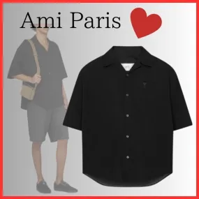 AMI PARIS  |Street Style Plain Cotton Short Sleeves Logo Front Button