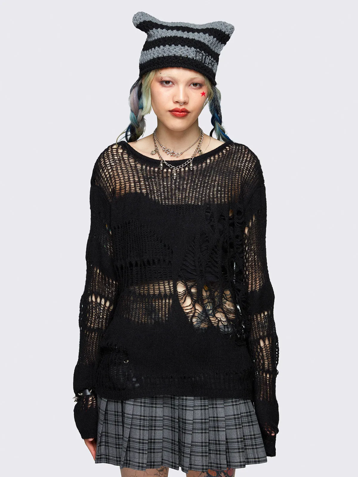 Arachne Black Distressed Knit Jumper