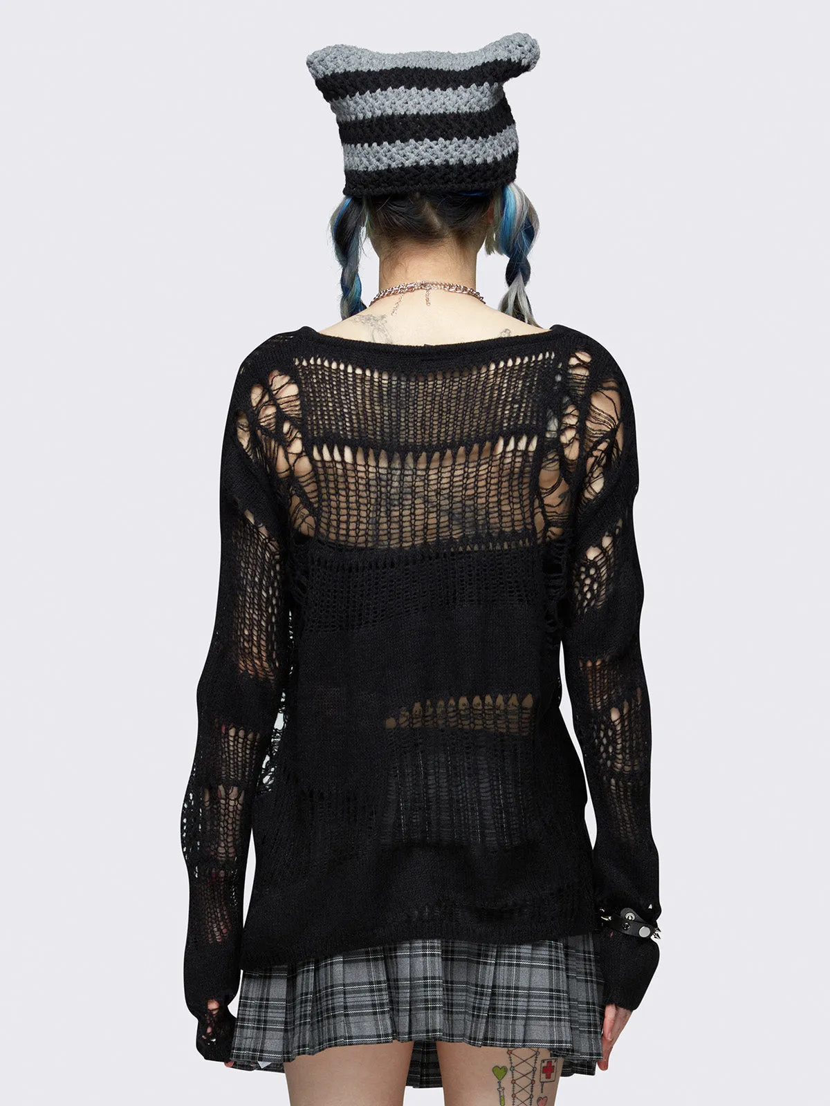 Arachne Black Distressed Knit Jumper