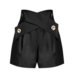 Black High Waisted Ruched Gold Button Shorts