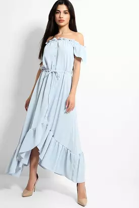 Blue Frilled Trims Off Shoulder Dip Hem Dress