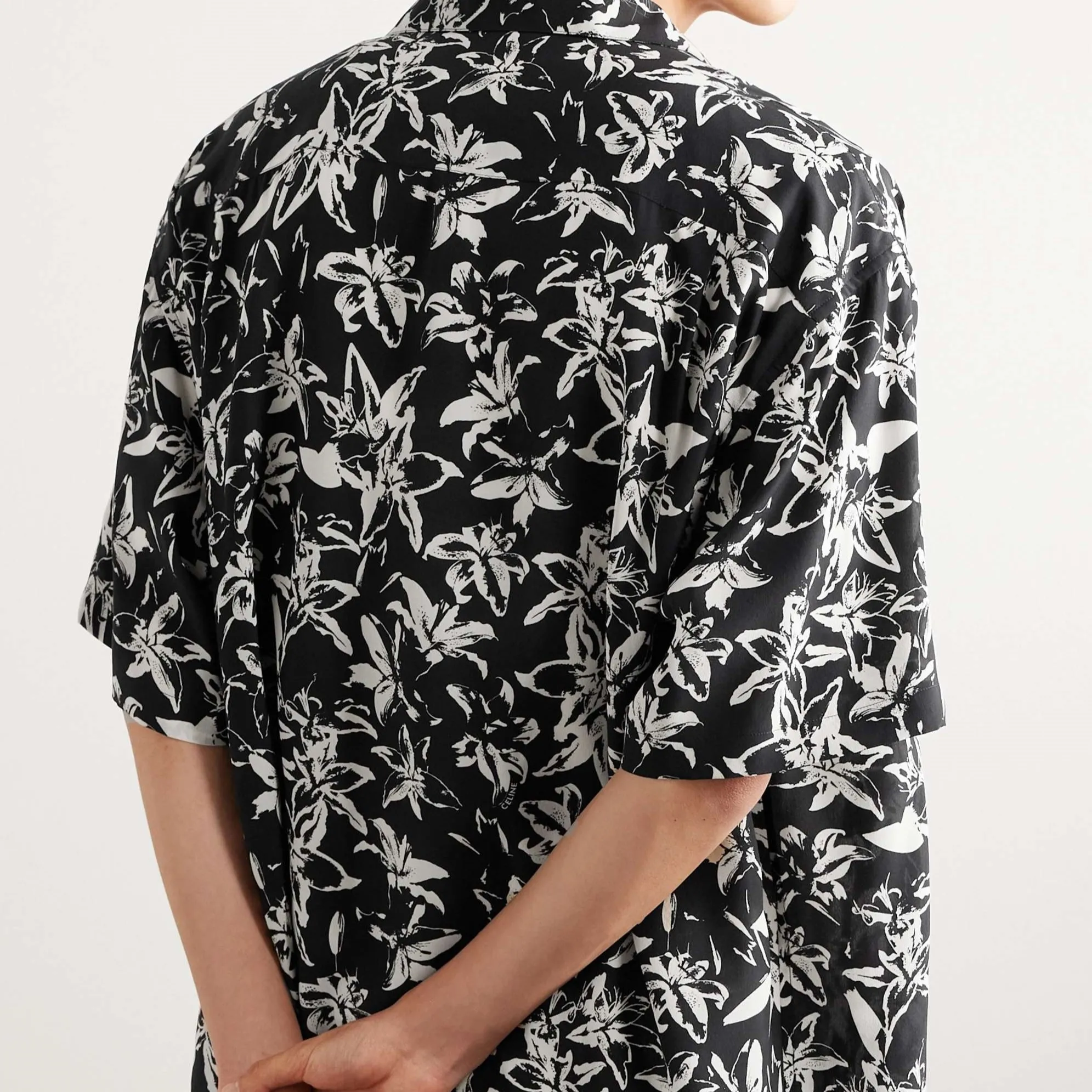 CELINE  |Flower Patterns Silk Street Style Short Sleeves Front Button