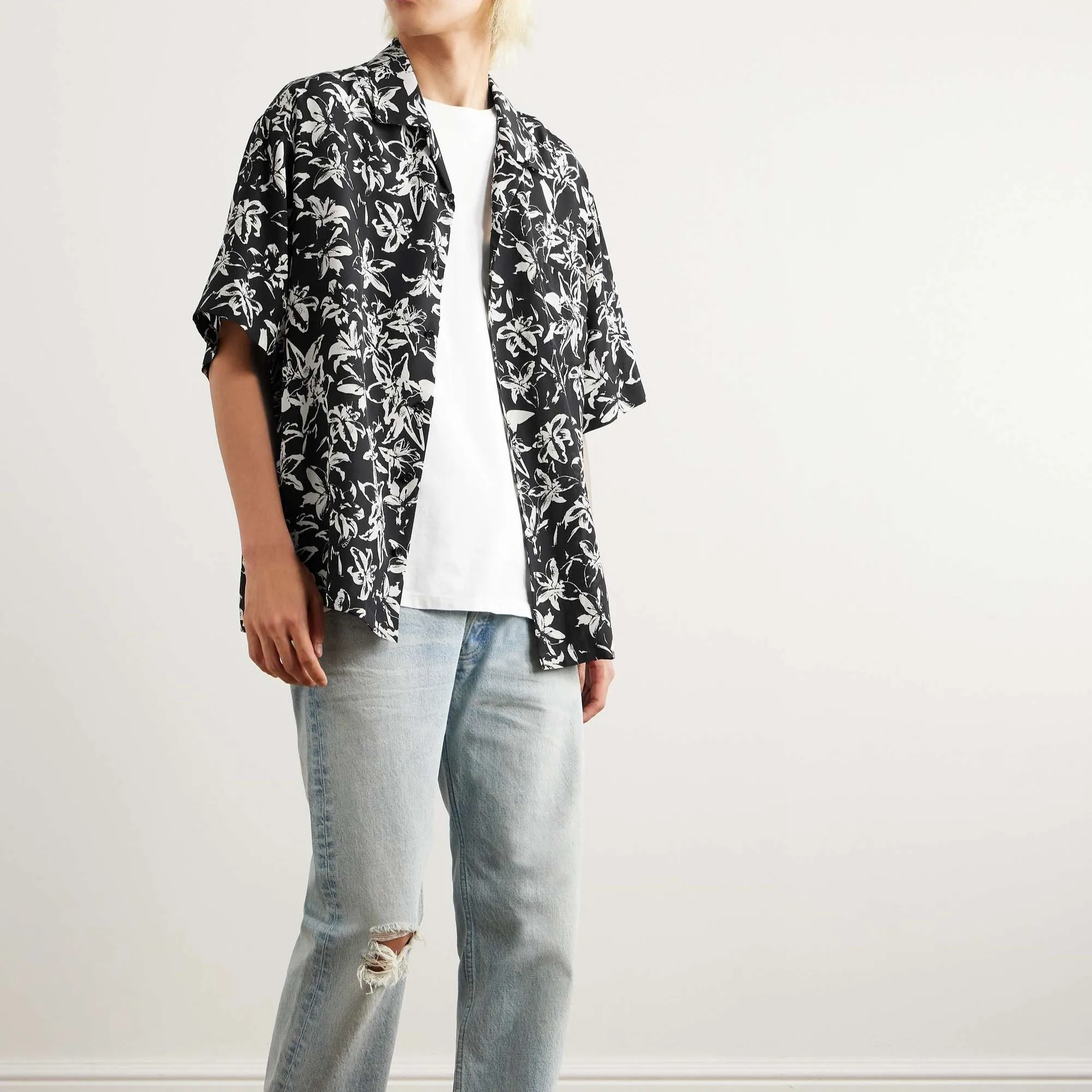 CELINE  |Flower Patterns Silk Street Style Short Sleeves Front Button