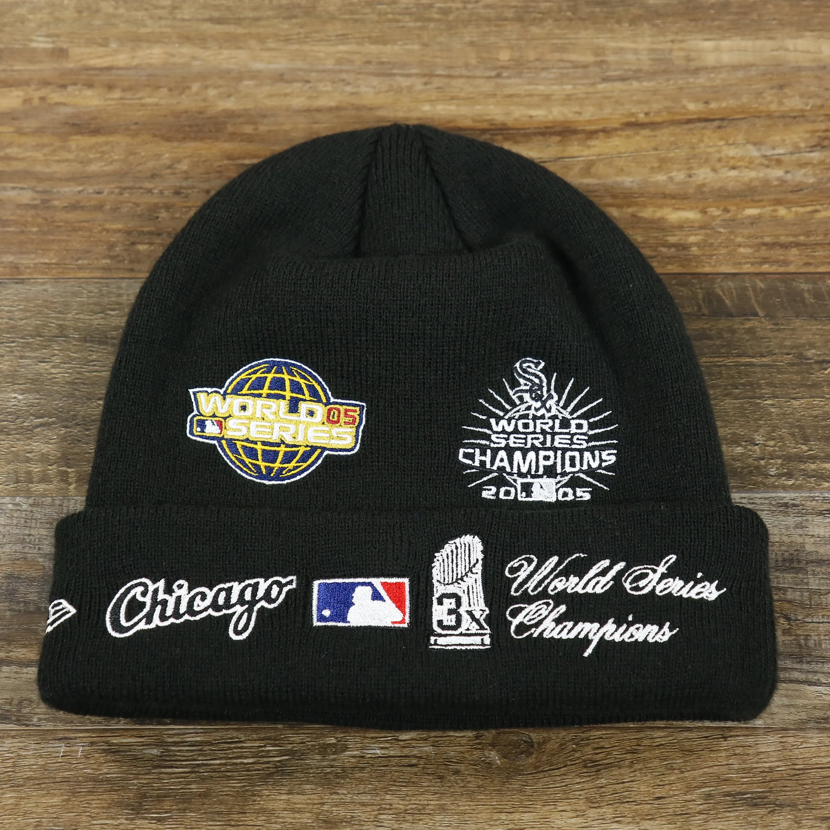 Chicago White Sox All Over World Series Side Patch 3x Champion Knit Cuff Beanie | New Era, Black