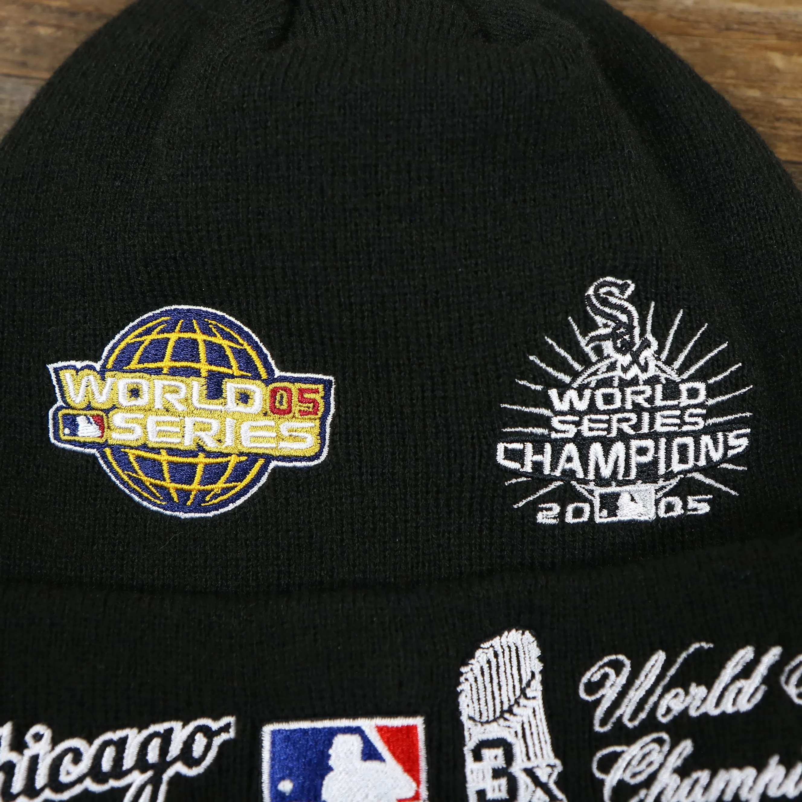 Chicago White Sox All Over World Series Side Patch 3x Champion Knit Cuff Beanie | New Era, Black