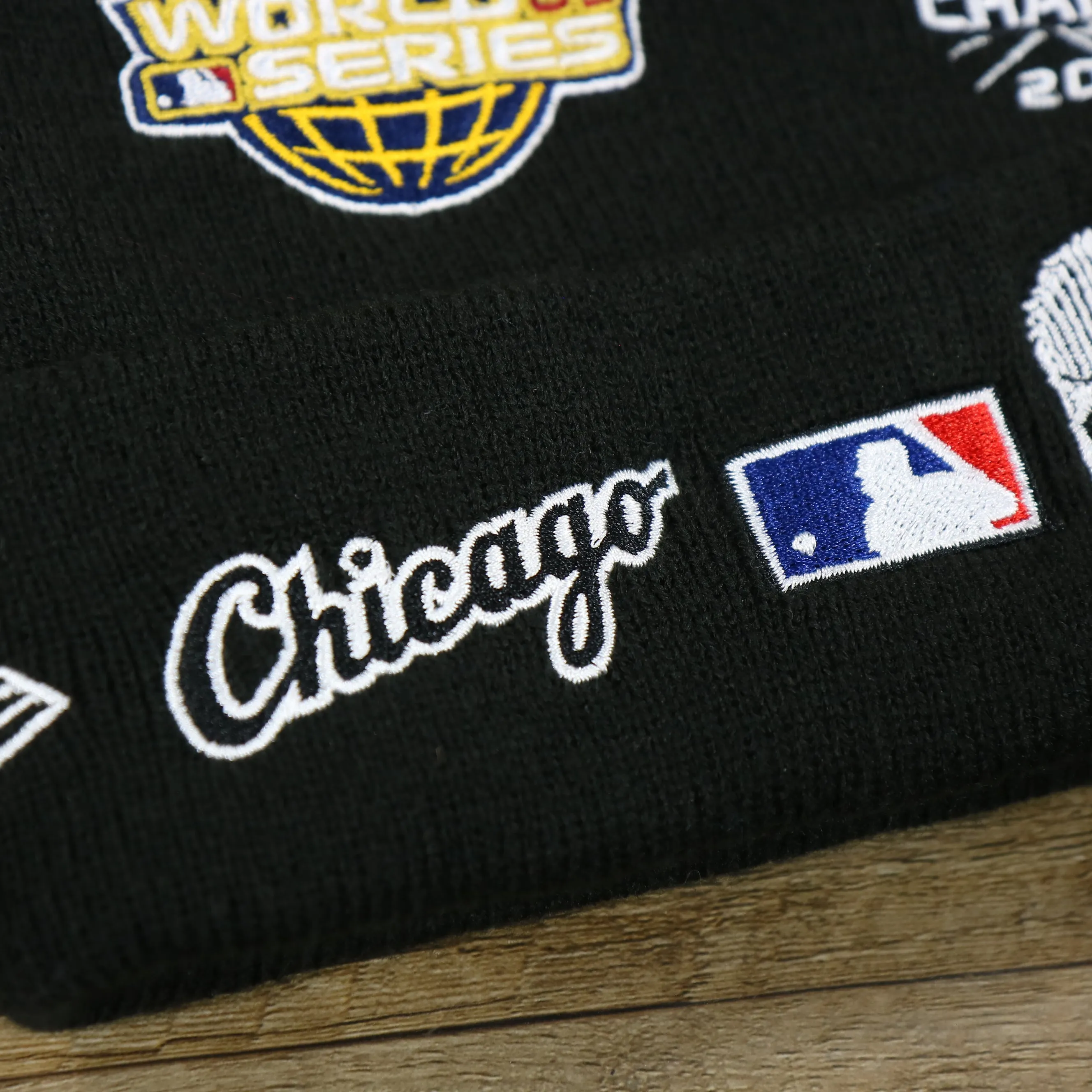 Chicago White Sox All Over World Series Side Patch 3x Champion Knit Cuff Beanie | New Era, Black