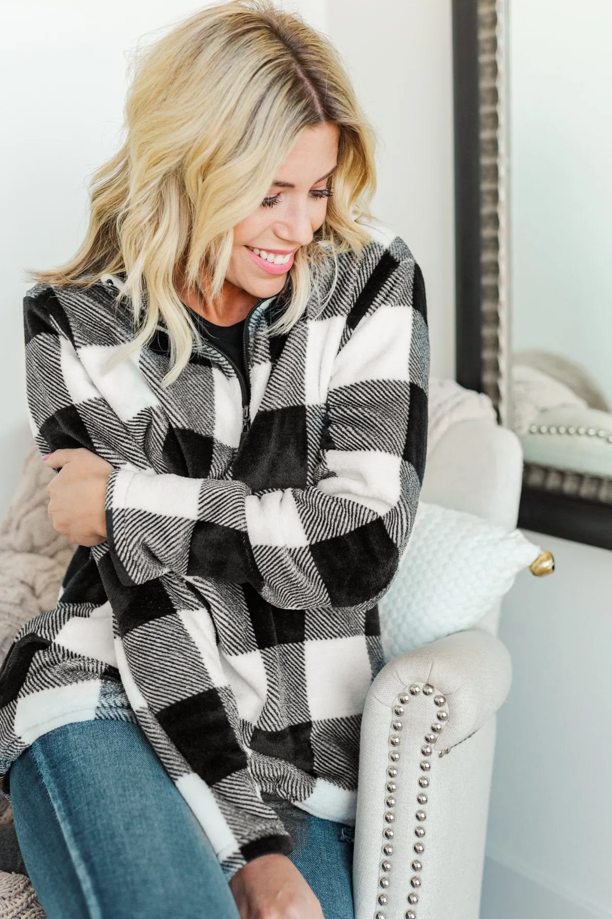 Cozy By The Fire 1/4 Zip Sherpa- Black & White