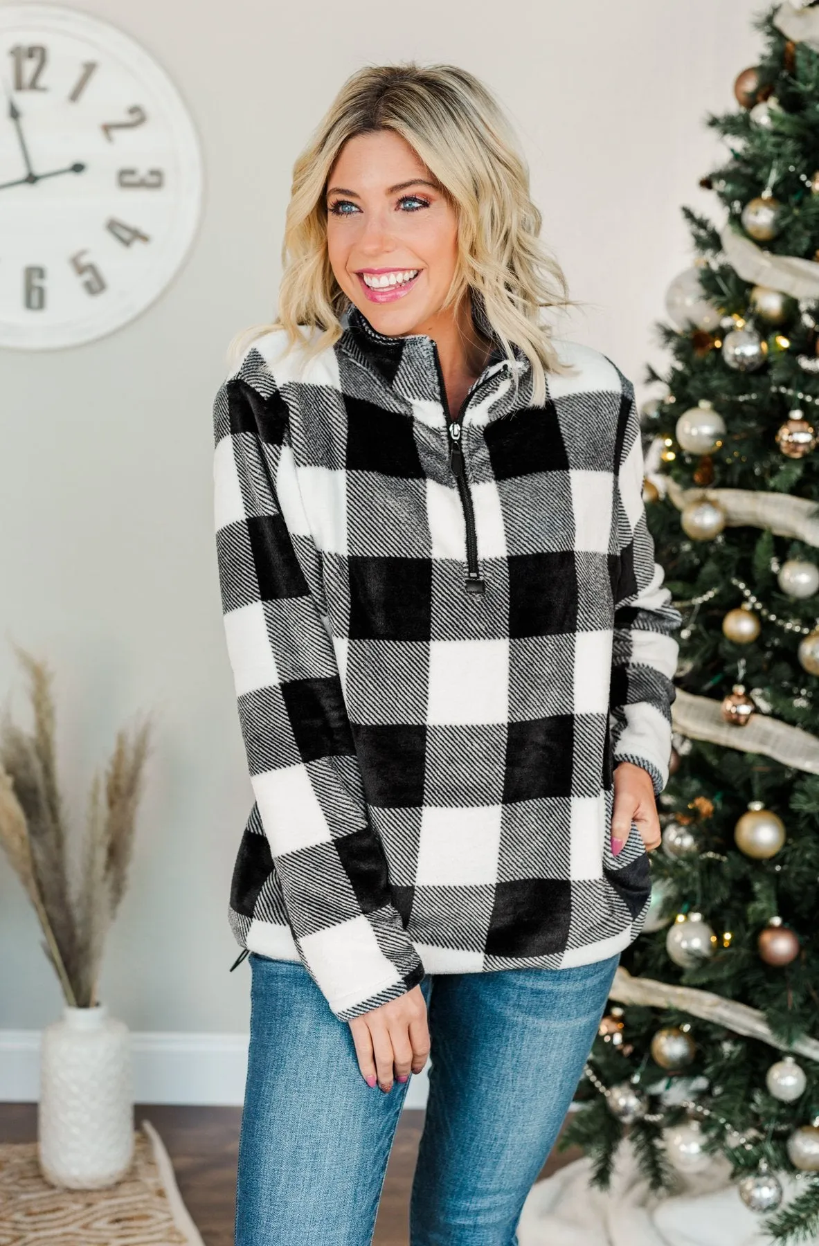 Cozy By The Fire 1/4 Zip Sherpa- Black & White