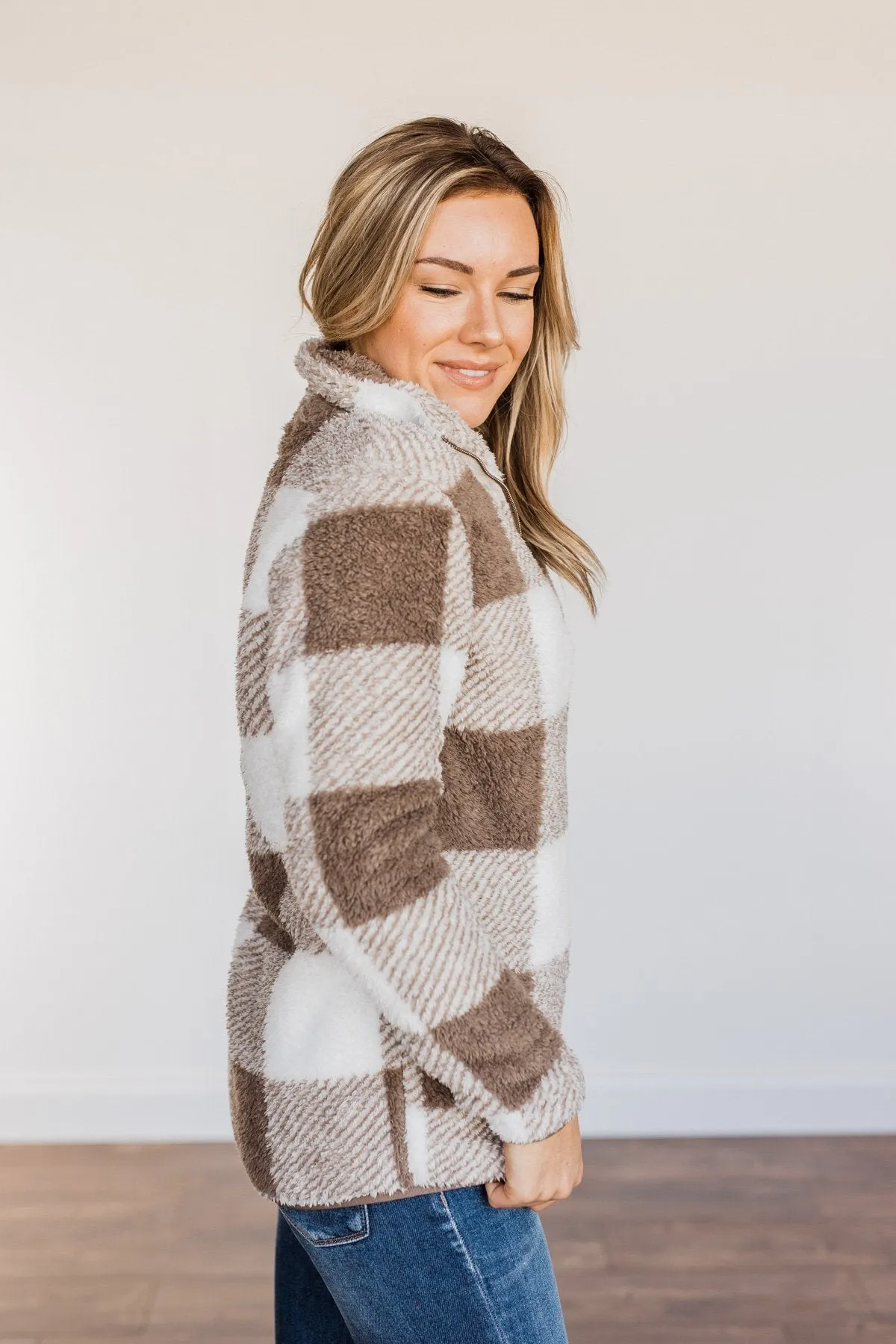 Feel The Warmth Quarter Zip Sherpa- Taupe