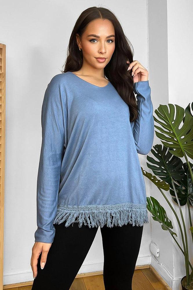 Fringed Hem Lightweight V-Neck Tunic