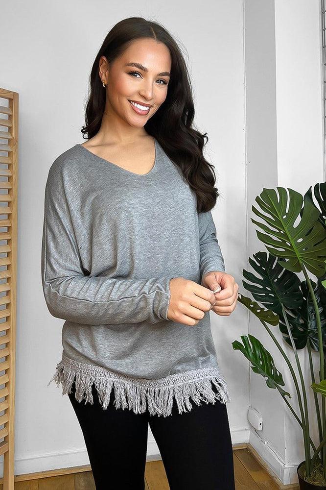 Fringed Hem Lightweight V-Neck Tunic