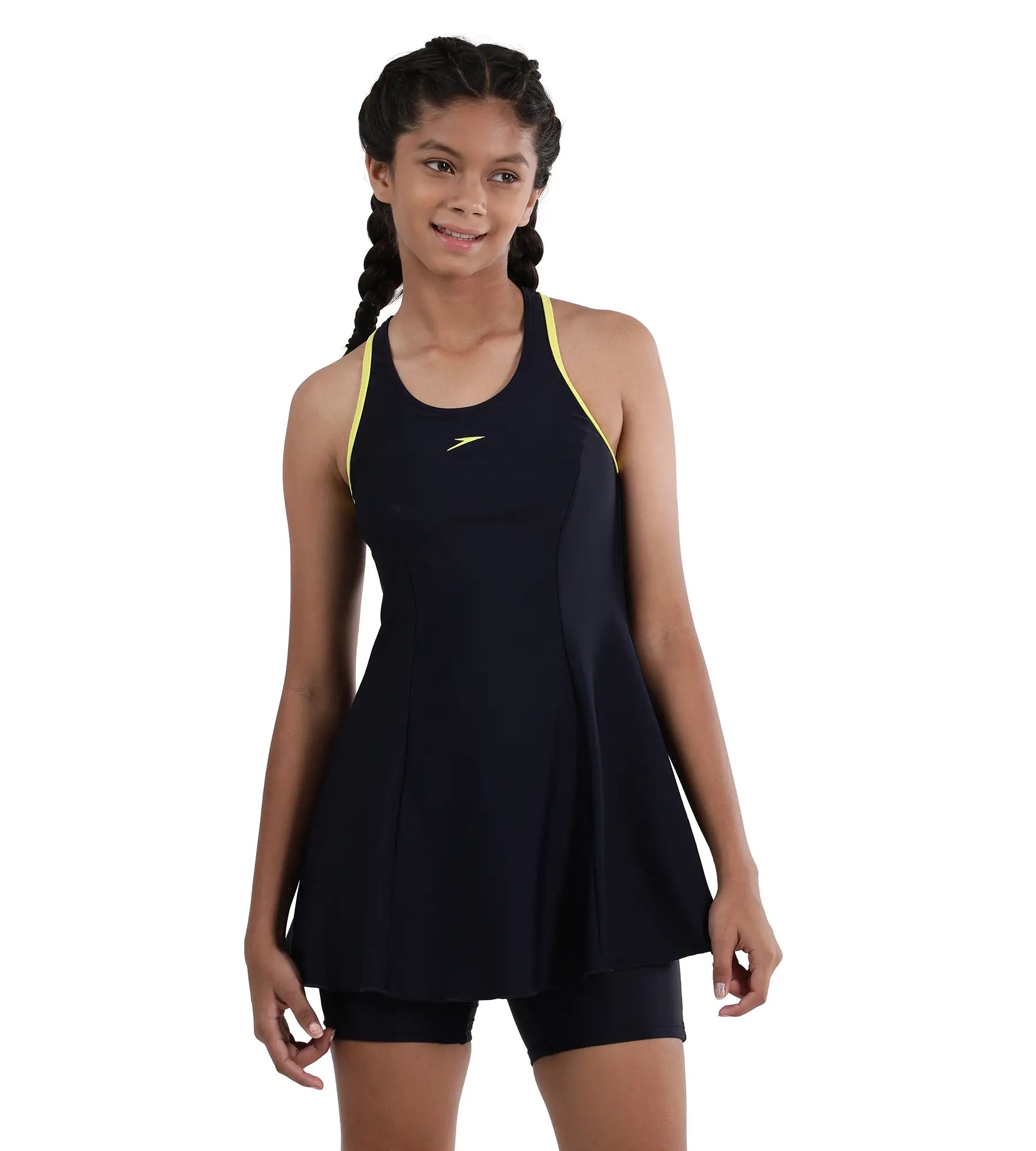 Girl's Endurance Racerback Swimdress With Boyleg - True Navy & Lemondrizzle