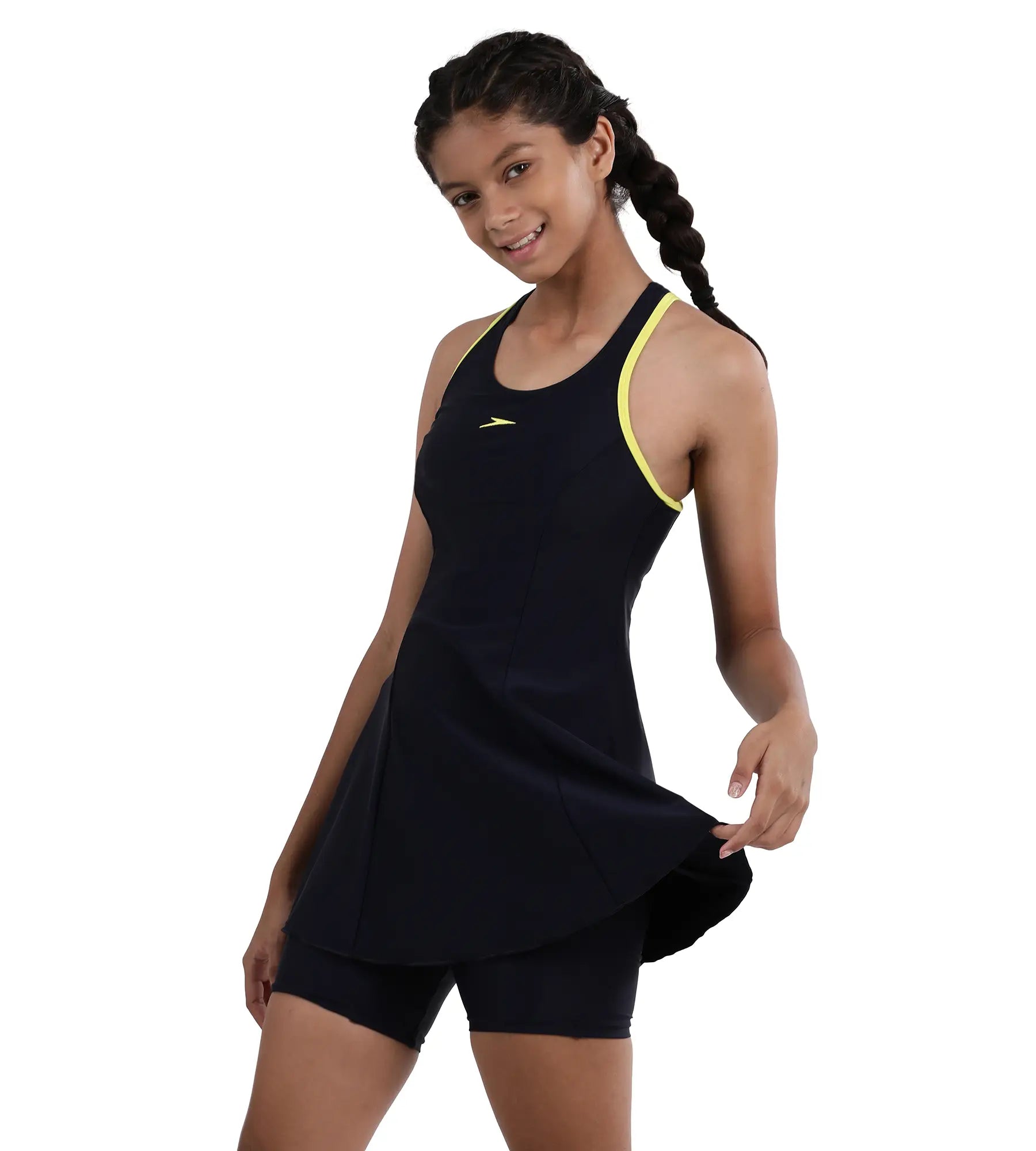 Girl's Endurance Racerback Swimdress With Boyleg - True Navy & Lemondrizzle