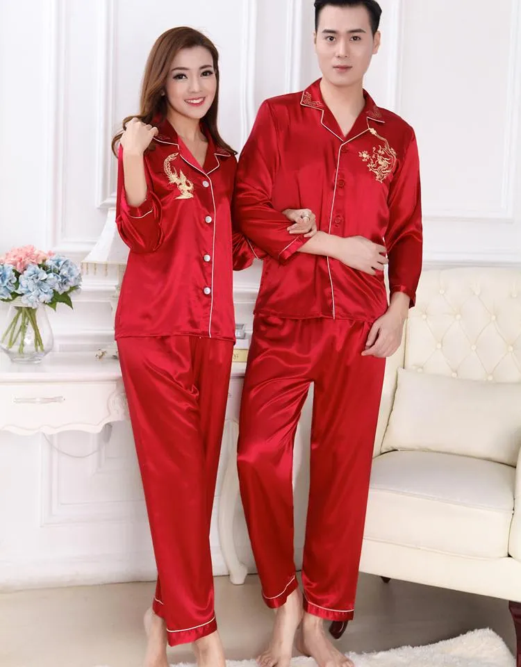 High Quality Ice Silk Pajamas Set with Long Sleeves for the Young Lover