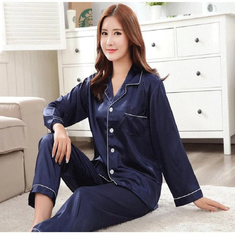 High Quality Ice Silk Pajamas Set with Long Sleeves for the Young Lover