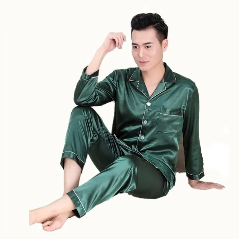 High Quality Ice Silk Pajamas Set with Long Sleeves for the Young Lover