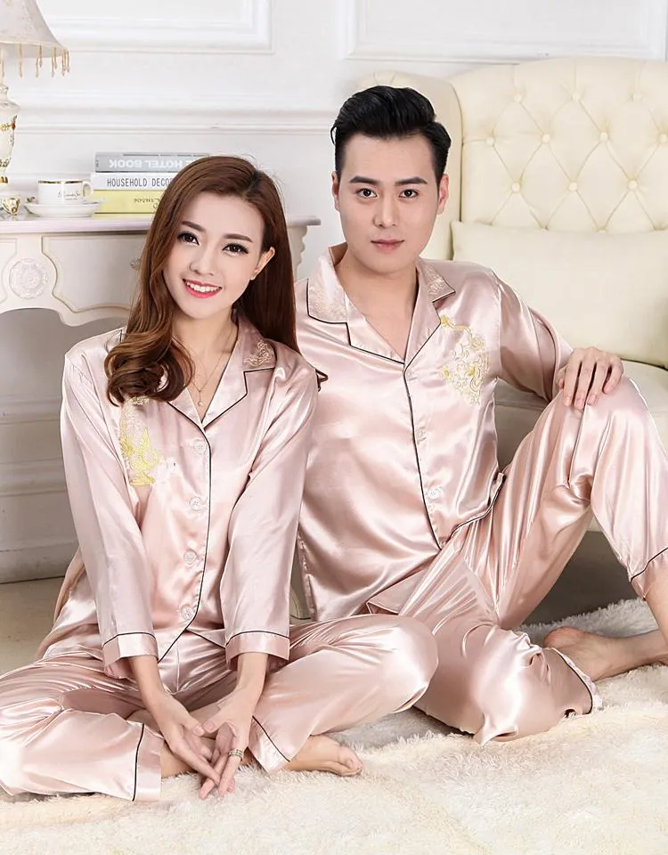 High Quality Ice Silk Pajamas Set with Long Sleeves for the Young Lover