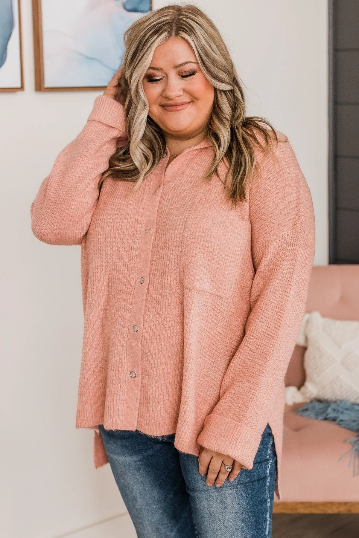 Just Like A Dream Button Knit Top- Rose Pink