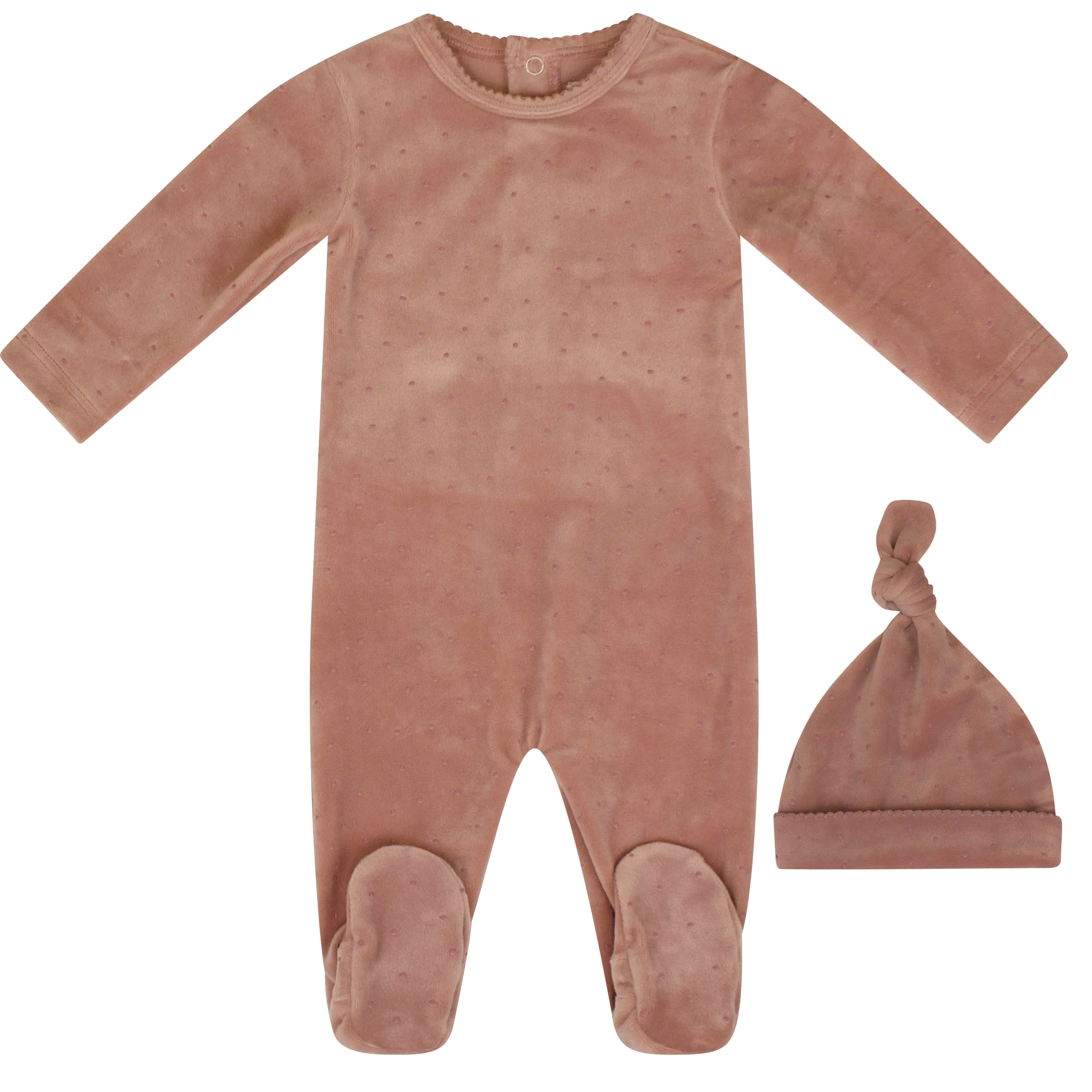 Kipp Baby Mauve Dot Velour Stretchie and Beanie