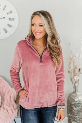 Lean A Little Closer Quarter Zip Sherpa- Mauve Pink