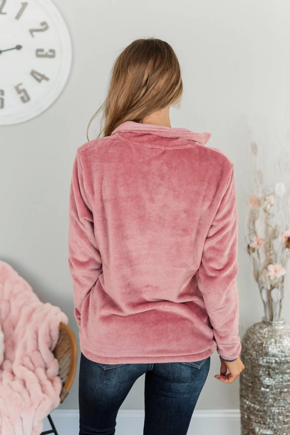 Lean A Little Closer Quarter Zip Sherpa- Mauve Pink