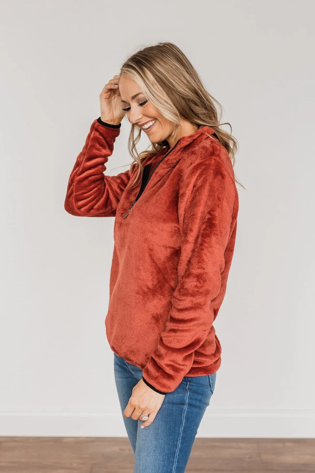 Lean A Little Closer Quarter Zip Sherpa- Rust