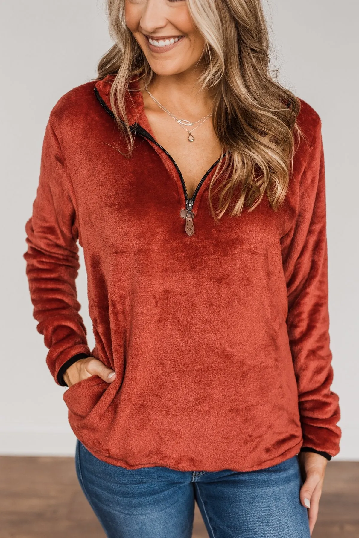 Lean A Little Closer Quarter Zip Sherpa- Rust