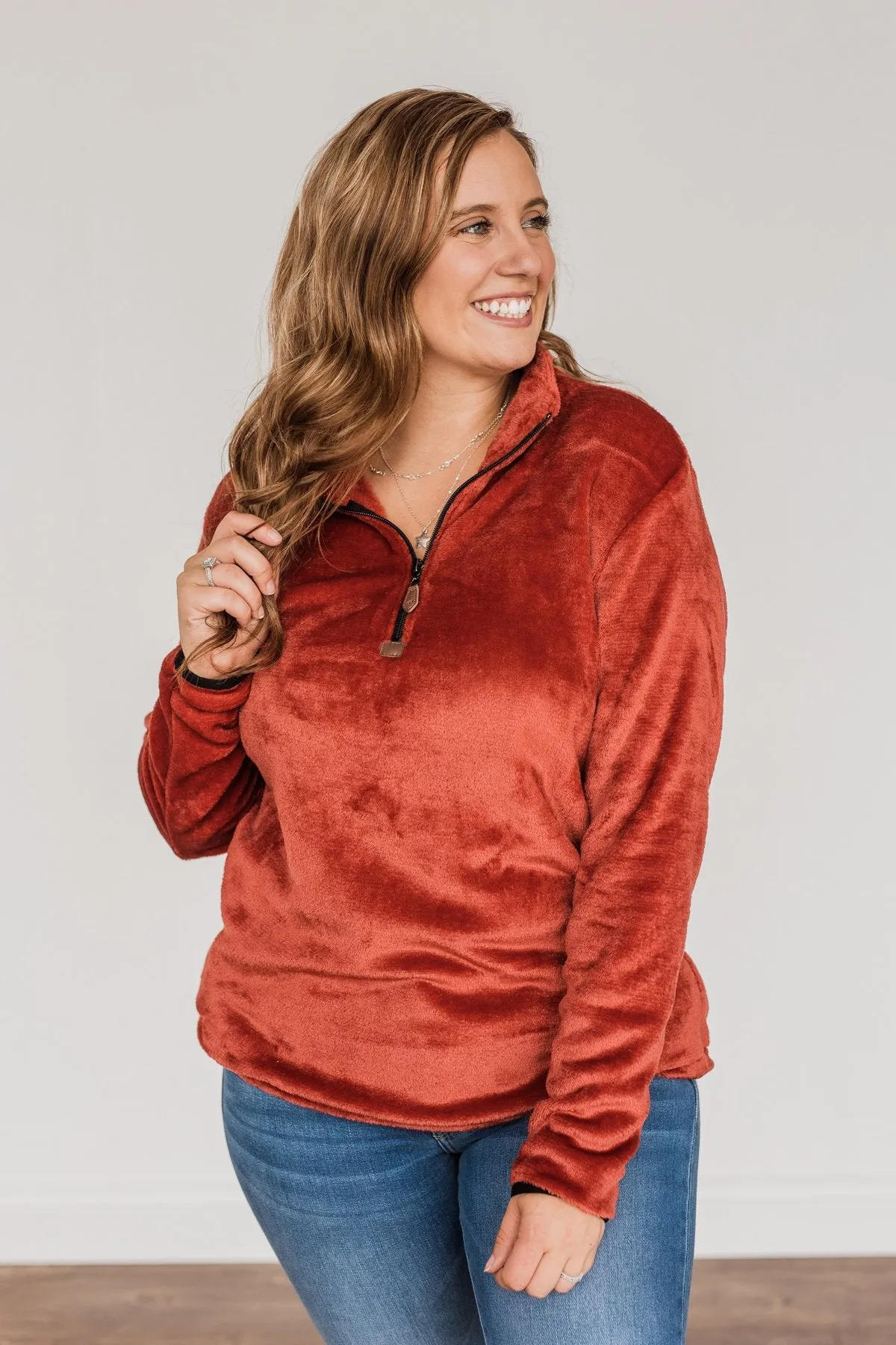 Lean A Little Closer Quarter Zip Sherpa- Rust