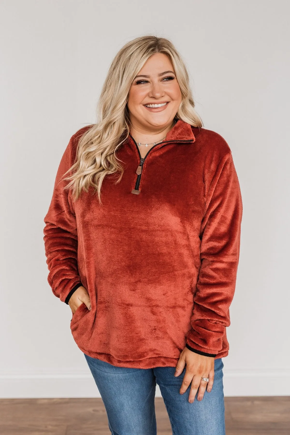 Lean A Little Closer Quarter Zip Sherpa- Rust