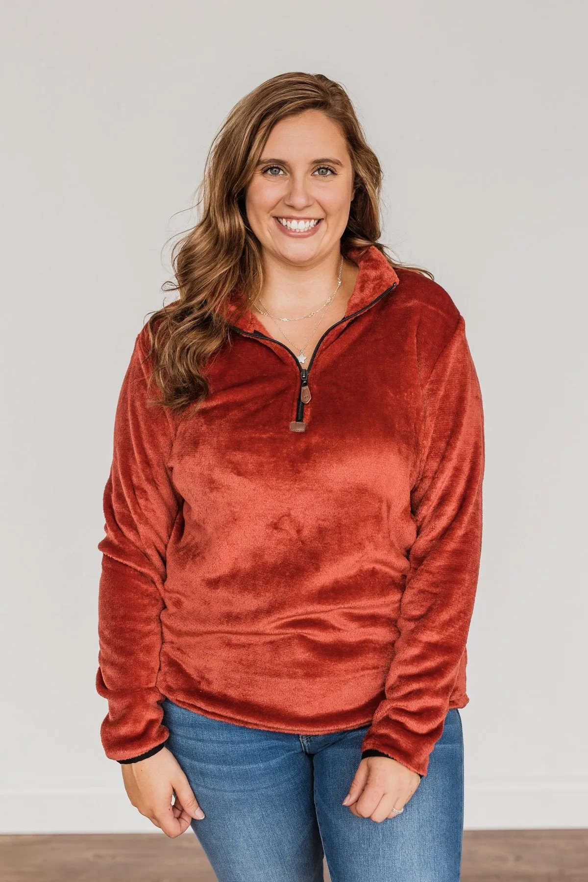 Lean A Little Closer Quarter Zip Sherpa- Rust