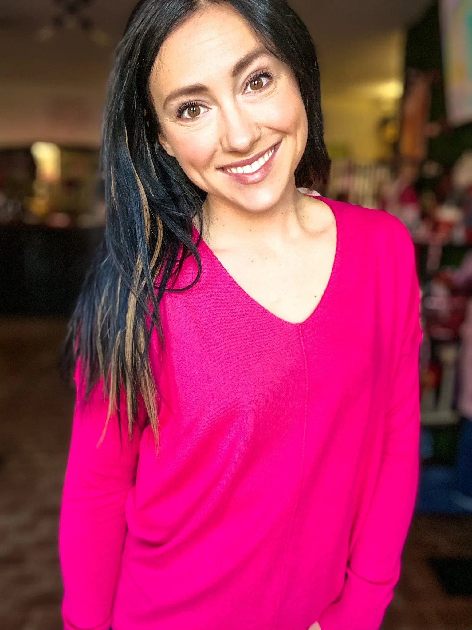 Light V neck Pullover-Fuchsia