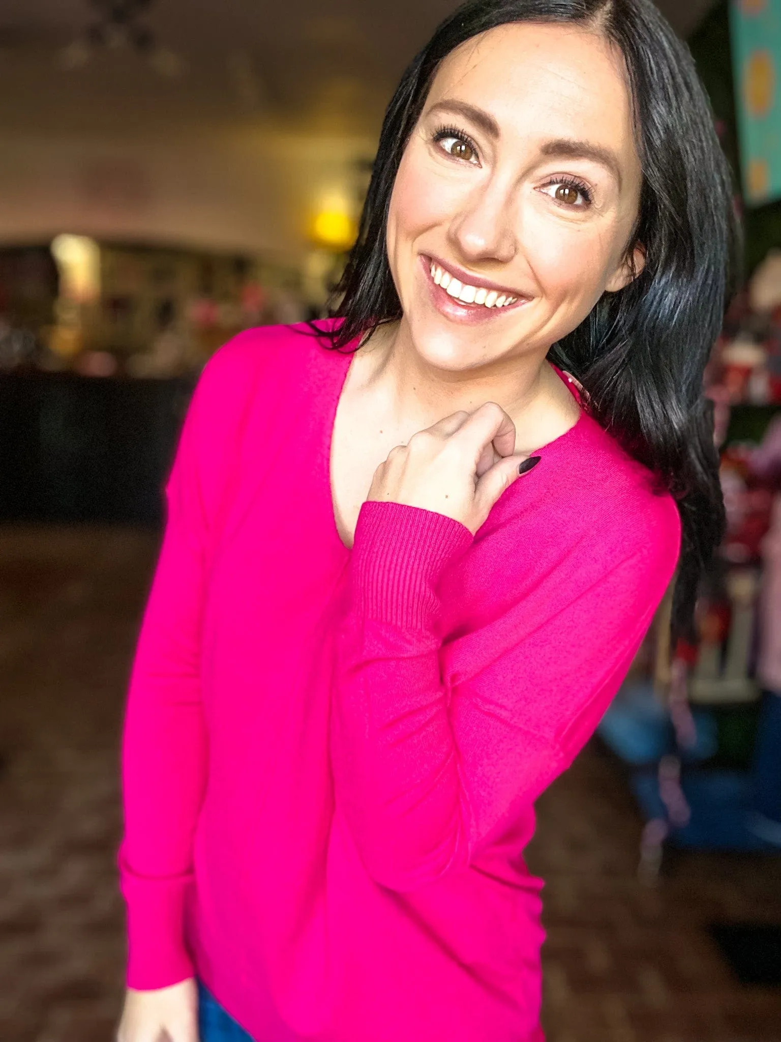 Light V neck Pullover-Fuchsia