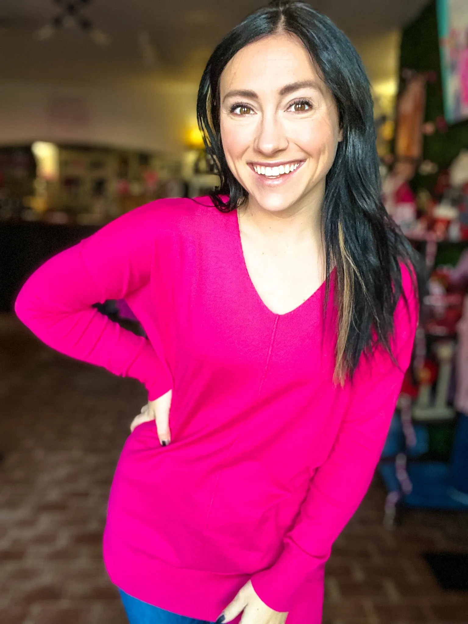 Light V neck Pullover-Fuchsia