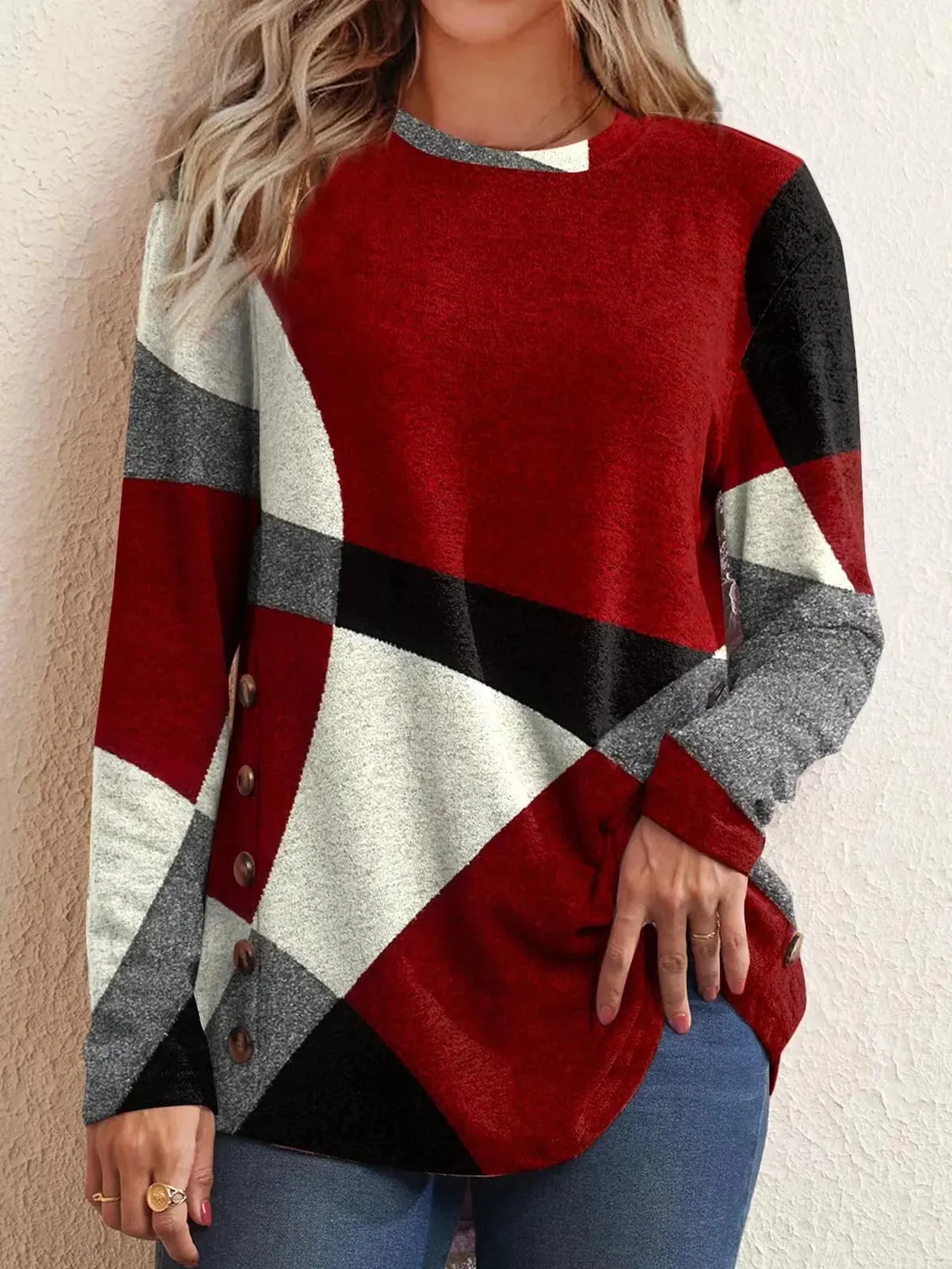 Long Sleeve Buttons Top Dressy Casual  Geometric Tunic