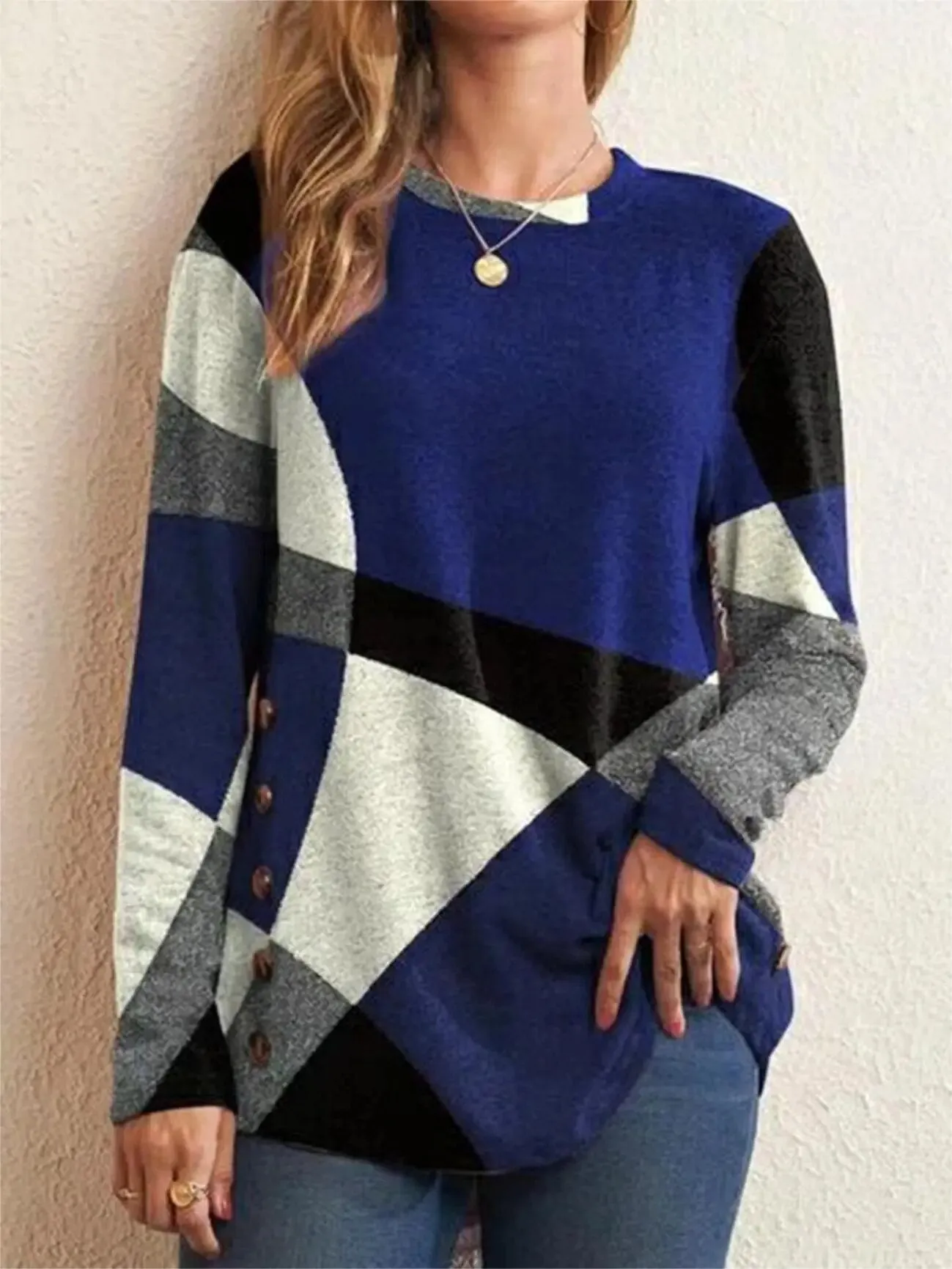 Long Sleeve Buttons Top Dressy Casual  Geometric Tunic