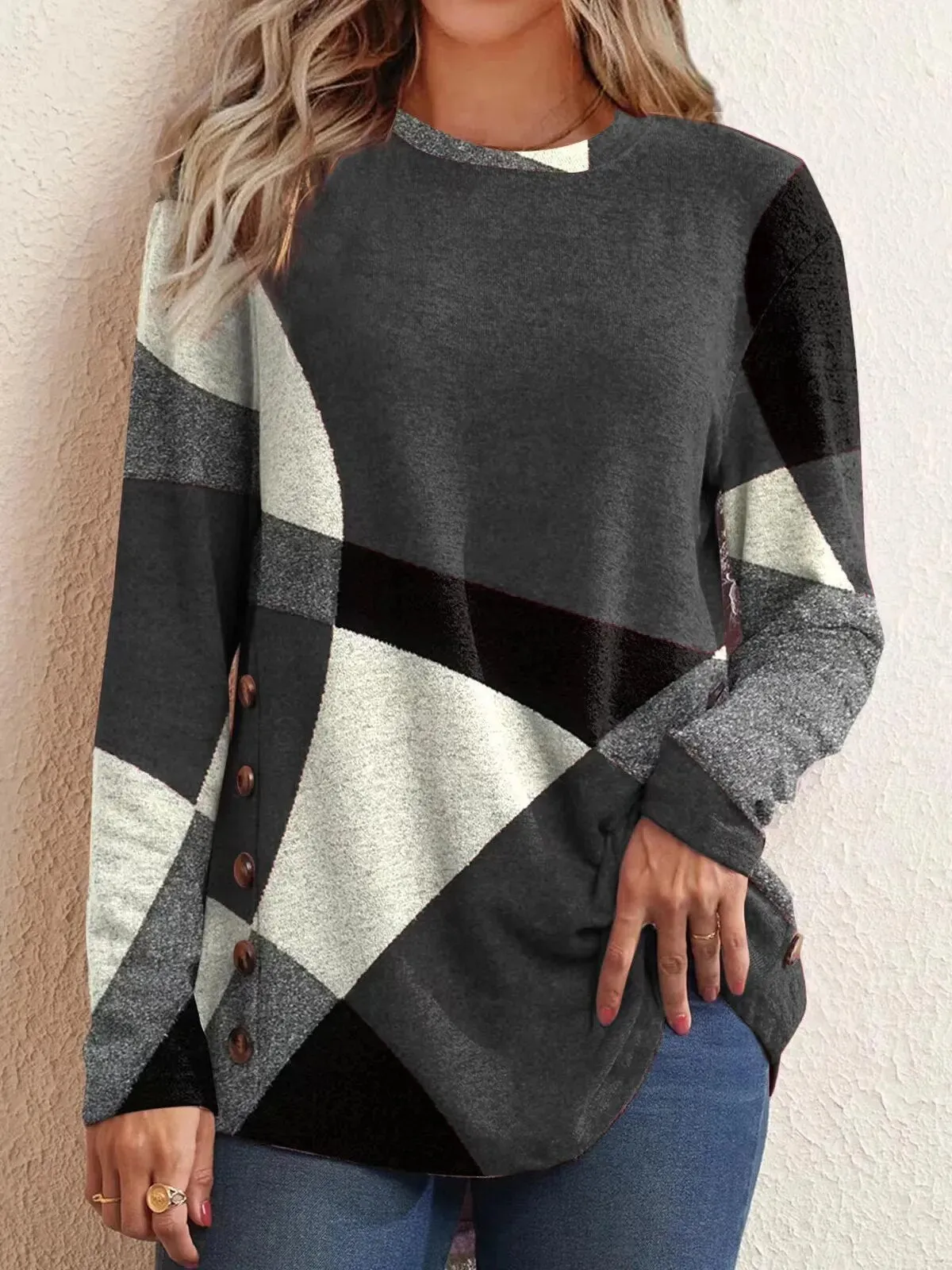 Long Sleeve Buttons Top Dressy Casual  Geometric Tunic