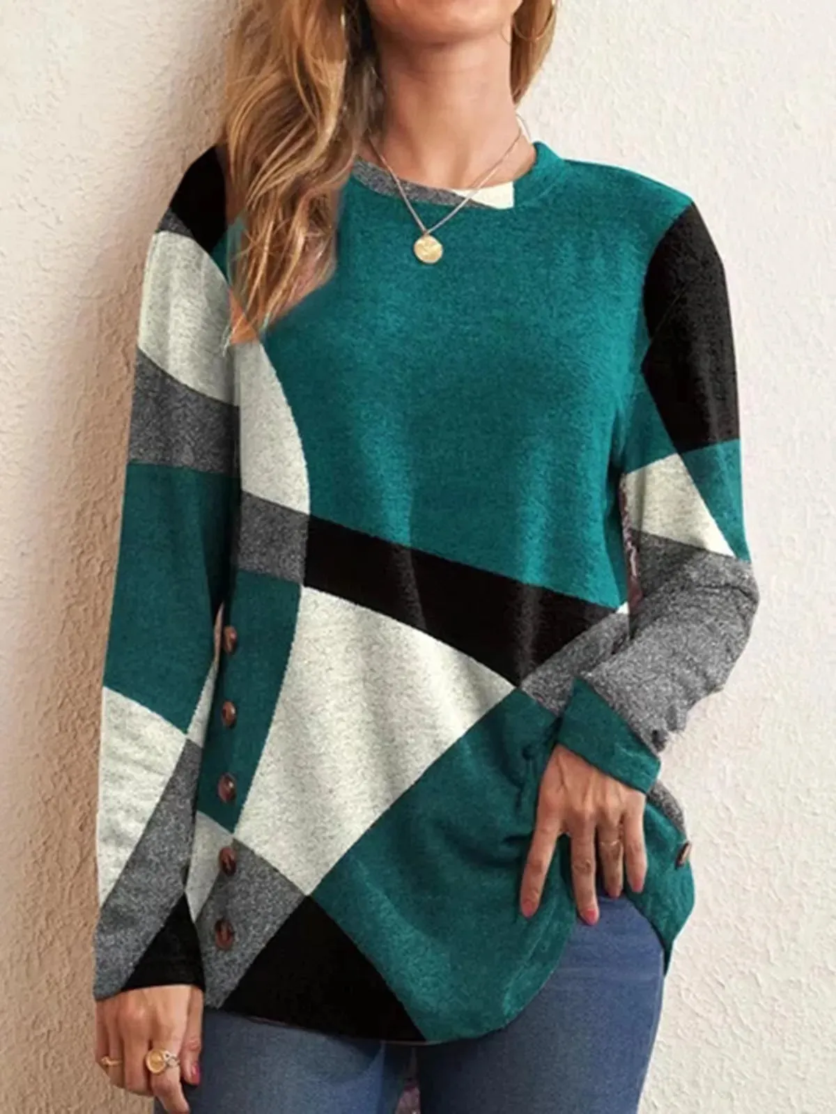 Long Sleeve Buttons Top Dressy Casual  Geometric Tunic