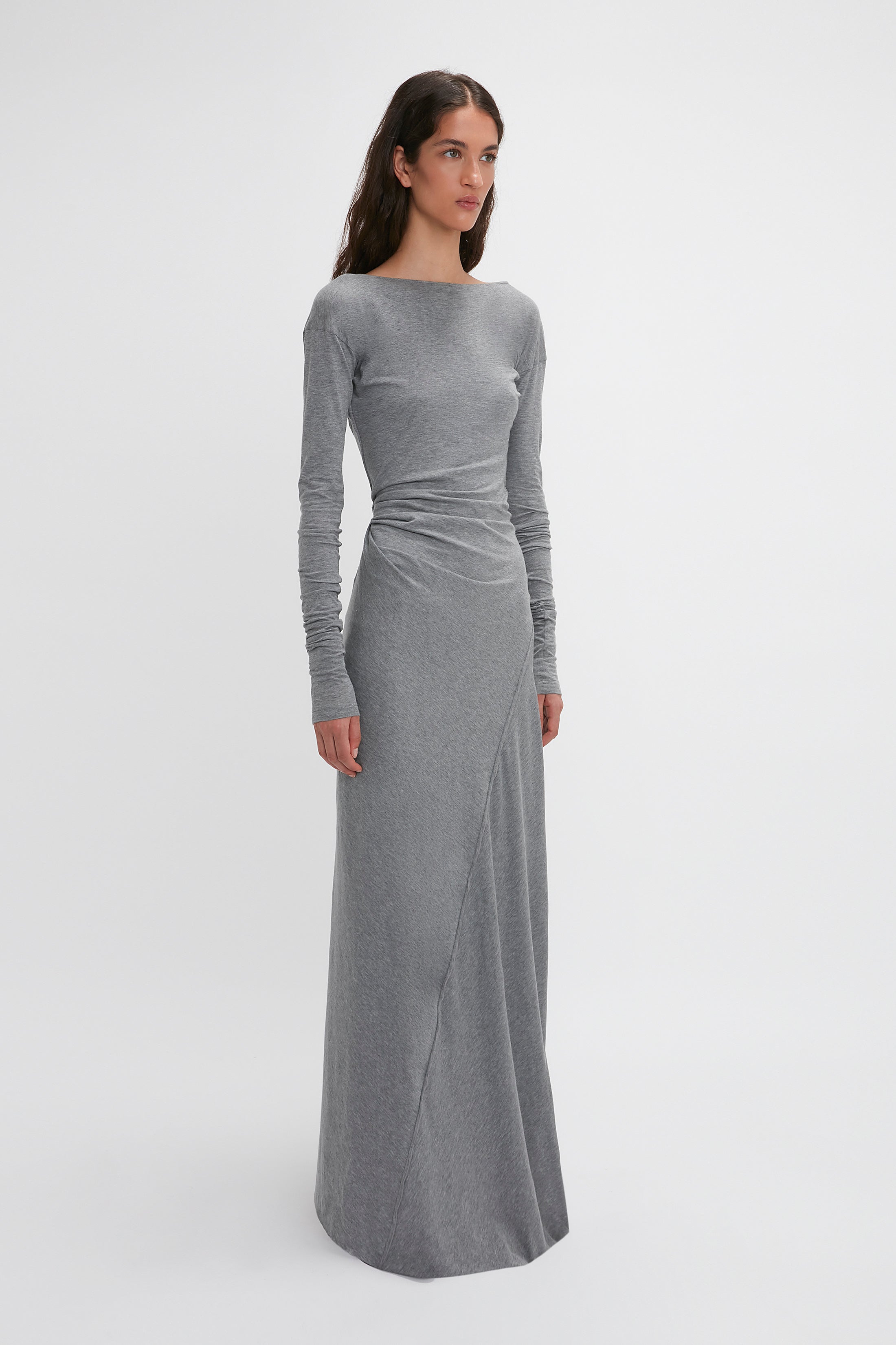 Long Sleeve Circle Neck Dress In Grey Marl