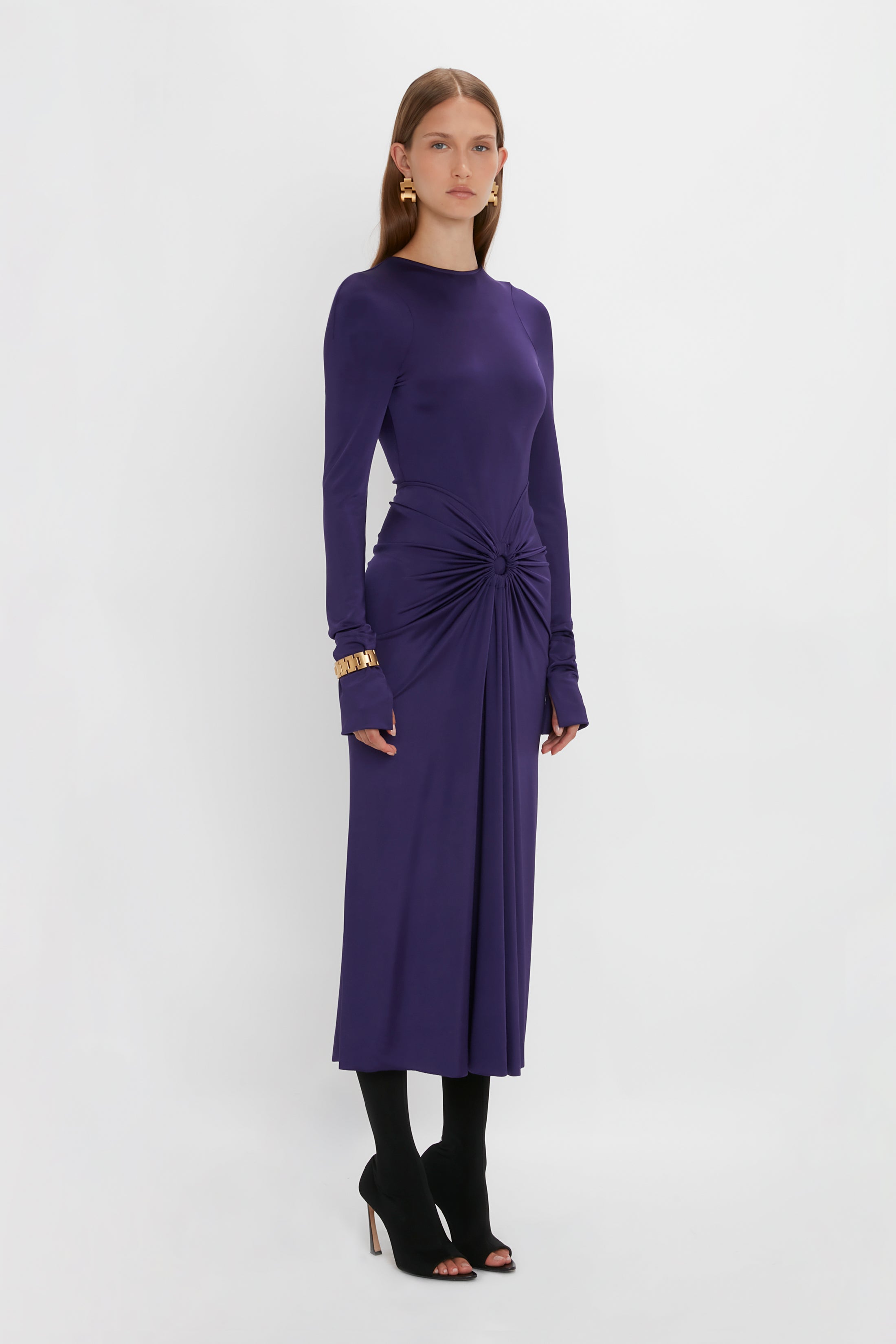 Long Sleeve Gathered Midi Dress In Ultraviolet