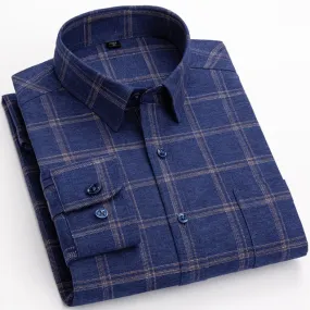 Men's Cotton Square Collar Standard Fit Long Sleeve Plaid Striped Shirt