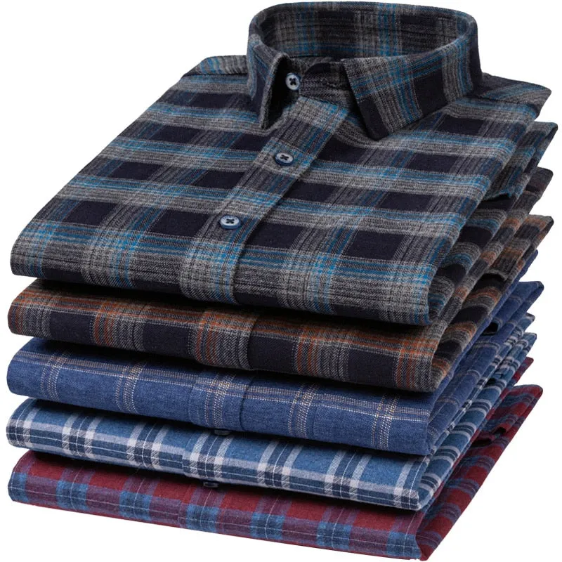 Men's Cotton Square Collar Standard Fit Long Sleeve Plaid Striped Shirt