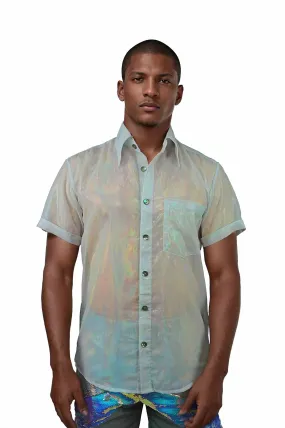 Mens Holographic Button Up Shirt - White