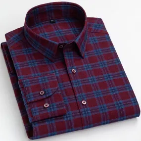 Men's Square Collar Cotton Plaid Striped Standard Fit Long Sleeve Shirt