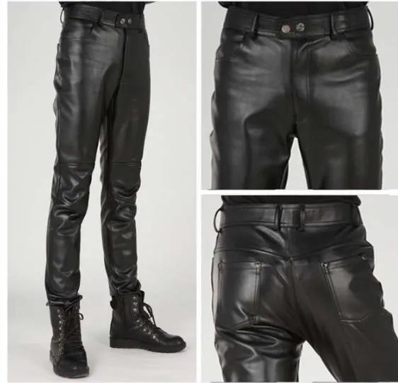 Men's Winter Synthetic Leather Motorcycle Straight Mid Waist Casual Pants