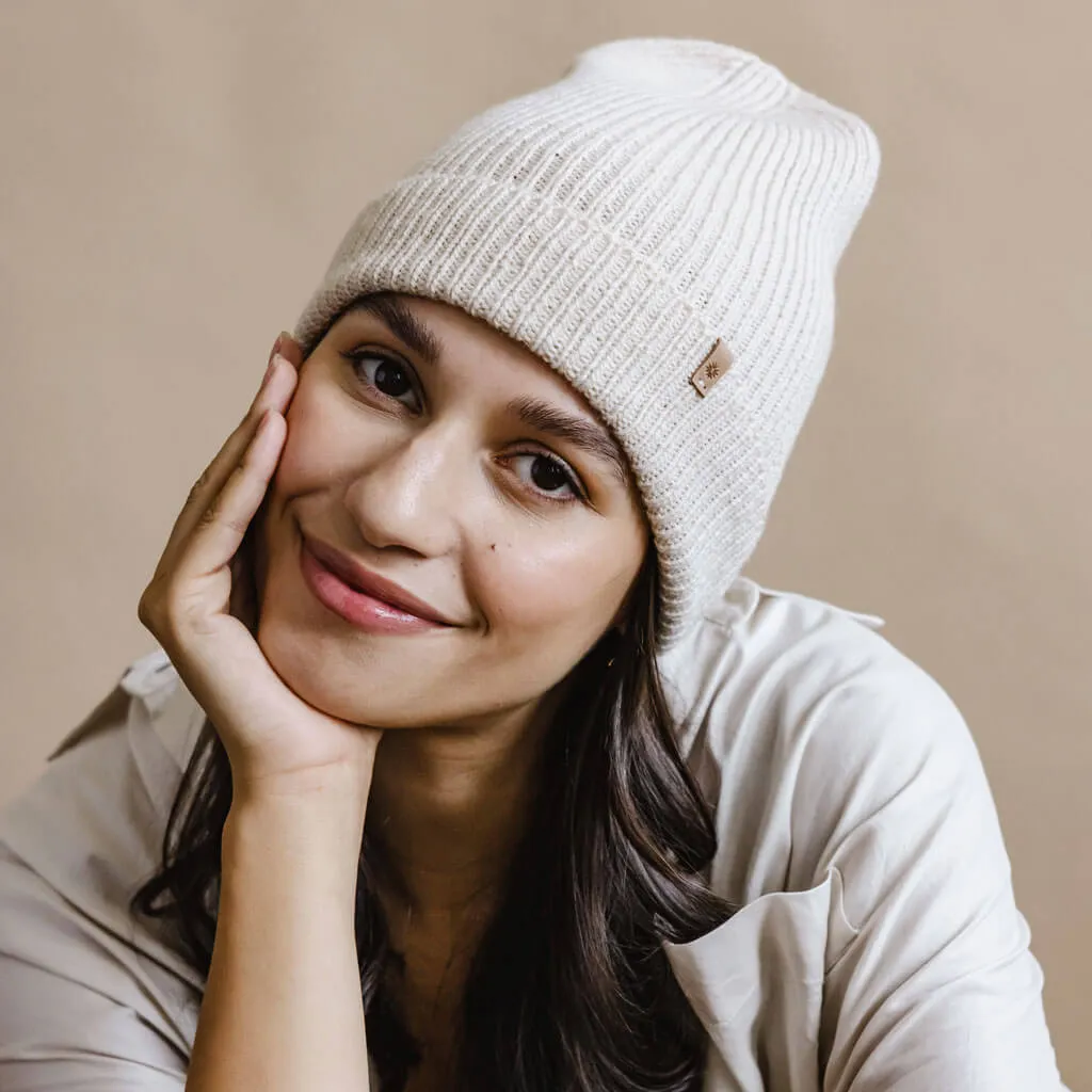 Merino Handknit Beanie Hat - Almond White