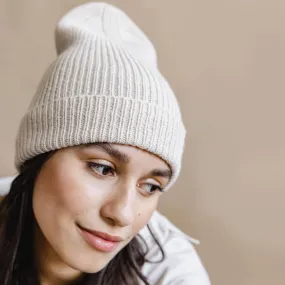 Merino Handknit Beanie Hat - Almond White